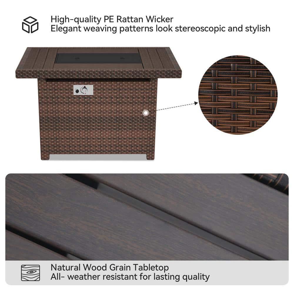 Gyutei44-in Rectangle 50,000 BTU PE Rattan Propane Fire Pit Table with Lid, Non-Glass Wind Cover