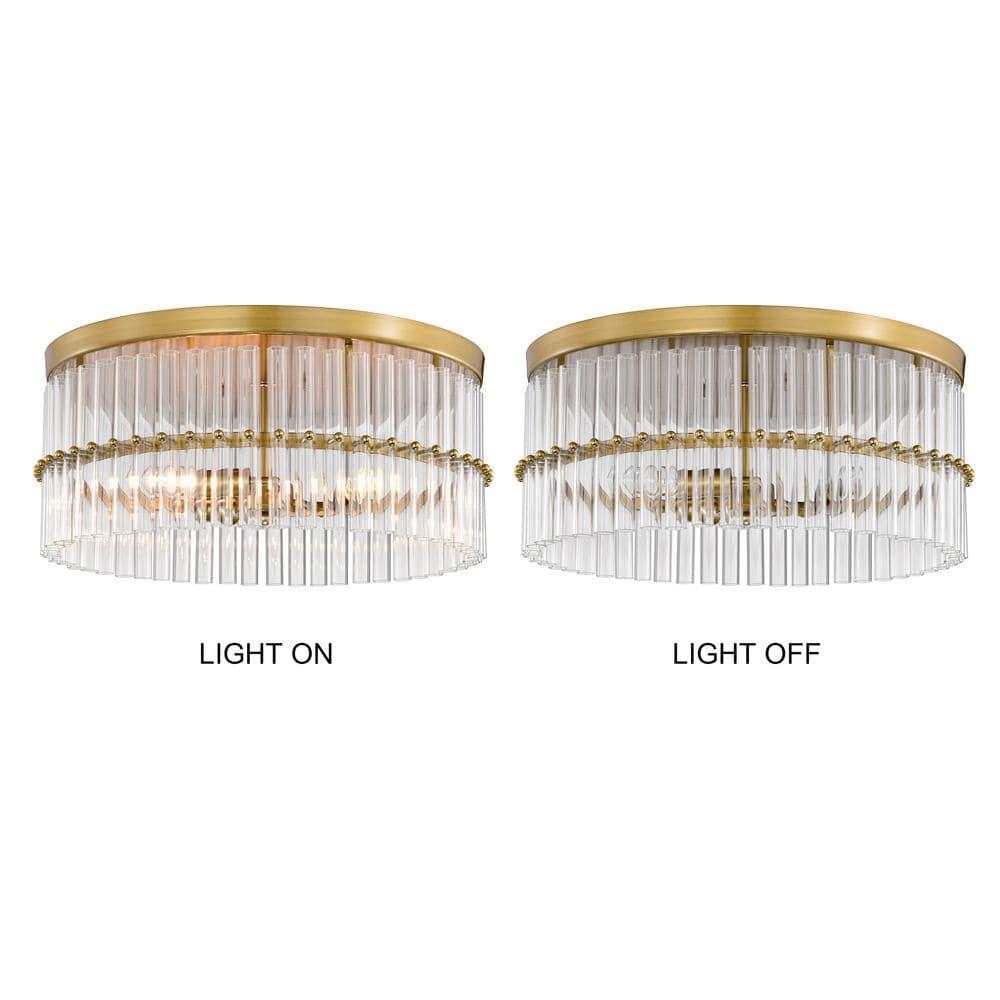 Luxury Round Antique Brass Metal with Tube Crystal 18 Inch Semi Flush Mount, Unique Elegant Ceiling Light, Hand-polished Close to Ceiling Light, Flush Mount Light for Living Room, Dining Room, Bedroo