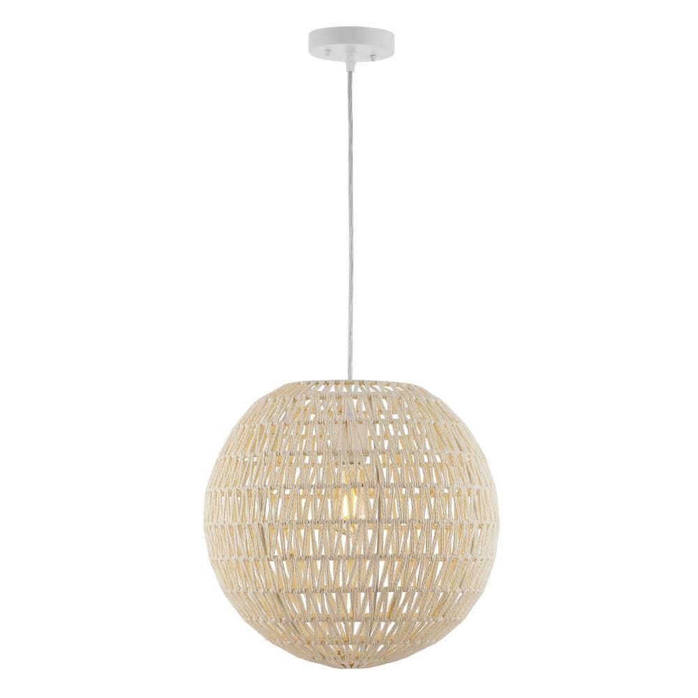 Luna 15.75" 1-Light Bohemian Modern Woven Rattan/Iron LED Pendant, Cream/White