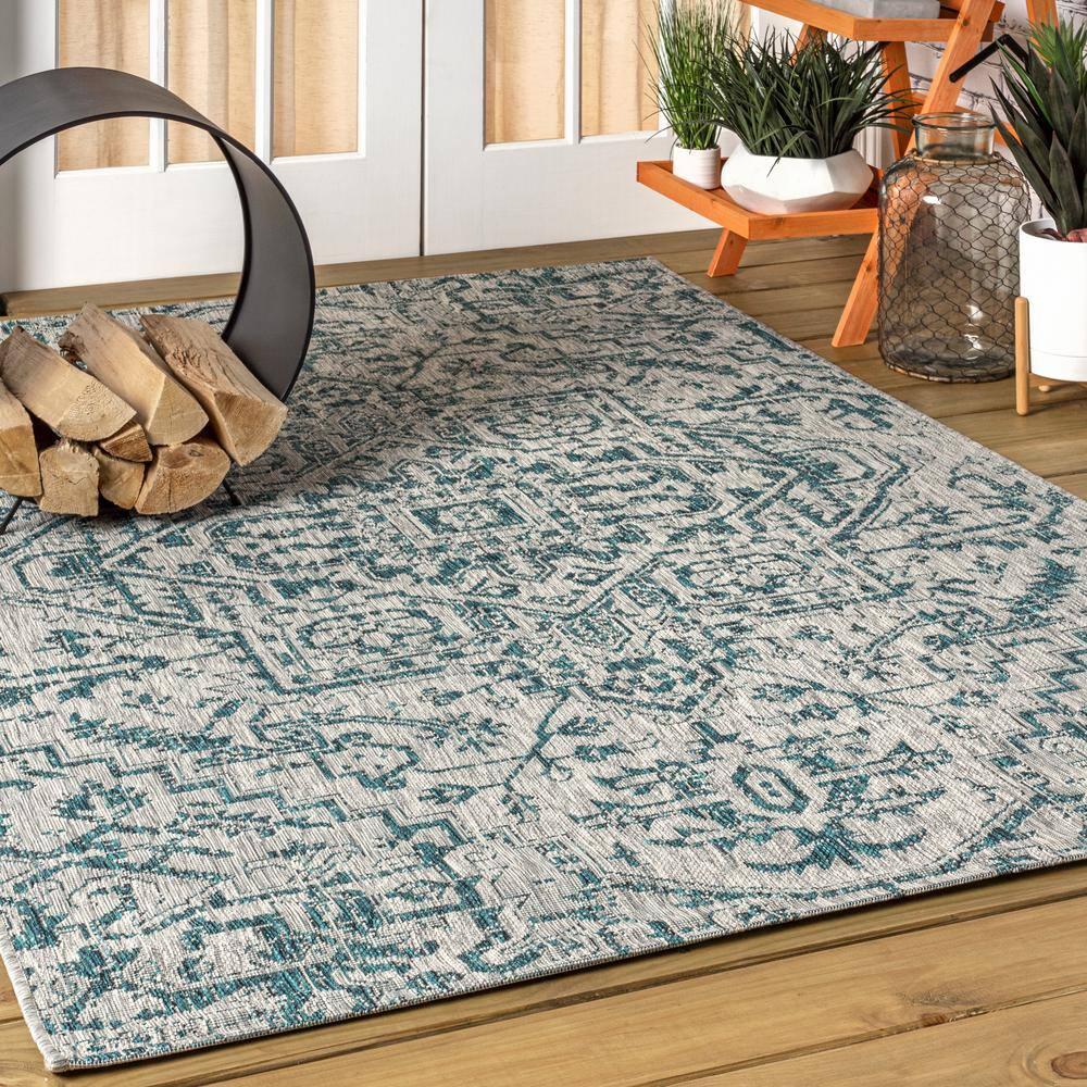 8'x10' Estrella Bohemian Medallion Textured Weave Indoor/Outdoor Area Rug, Teal/Gray - JONATHAN Y