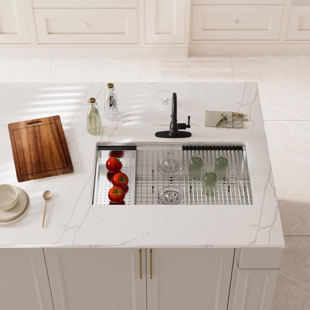 32 in. Undermount Single Bowl 18-Gauge Stainless Steel Kitchen Sink with Cutting Board, Rolling Drying Rack and Colander