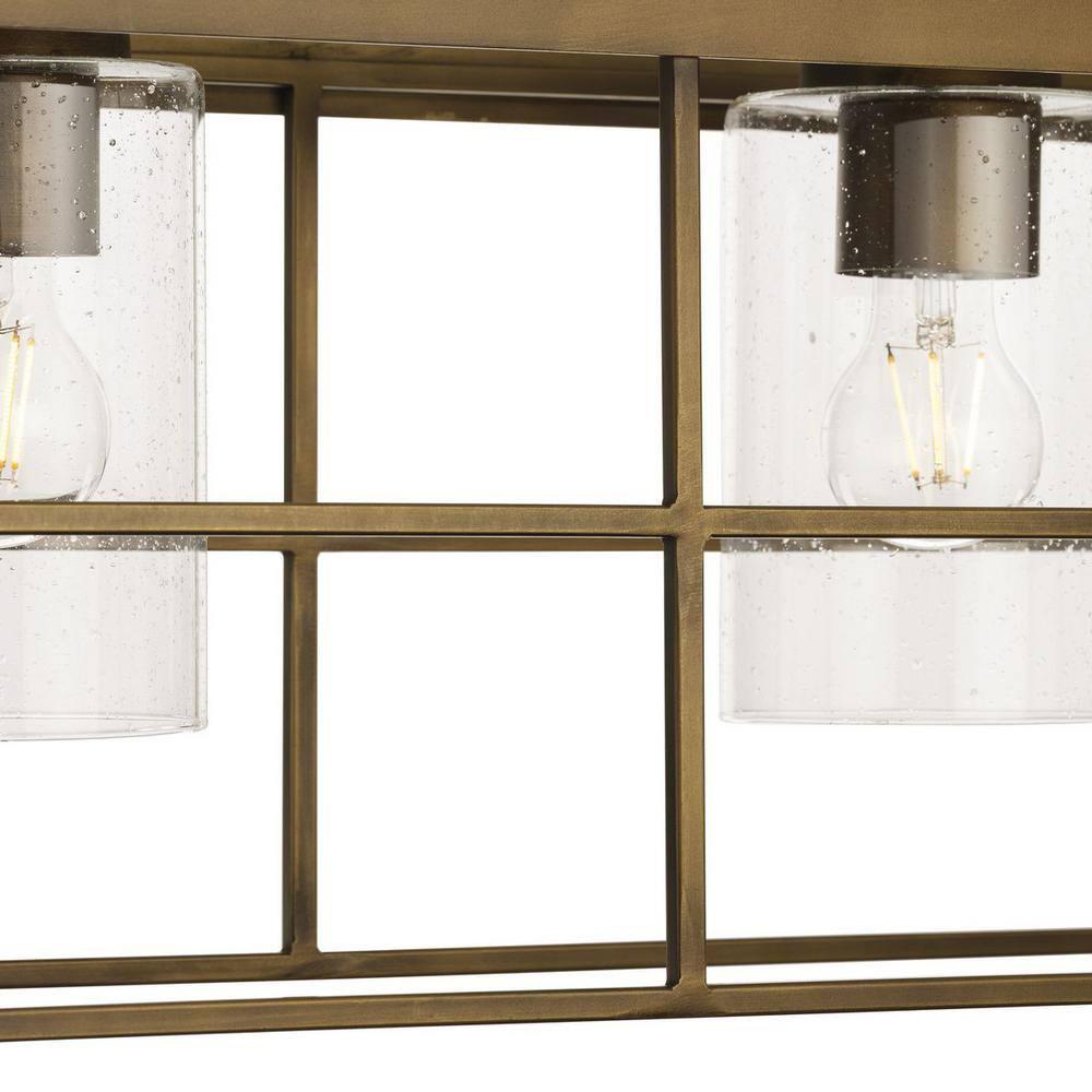 Progress Lighting Burgess 4-Light Island Light, Aged Bronze, Seeded Glass. Rustic modern farmhouse style for dining rooms, kitchens, and bars.