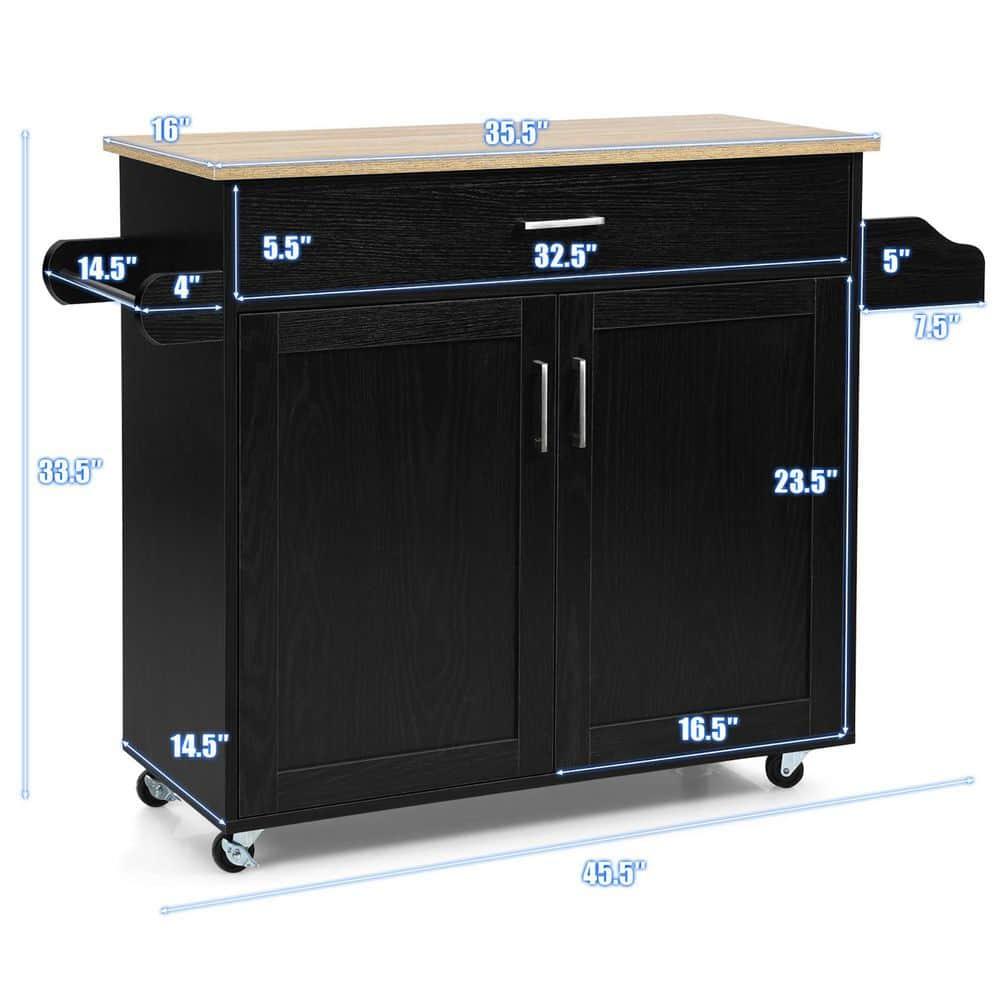 Black Fir Wood Rolling Kitchen Cart with Spice Rack and Storage