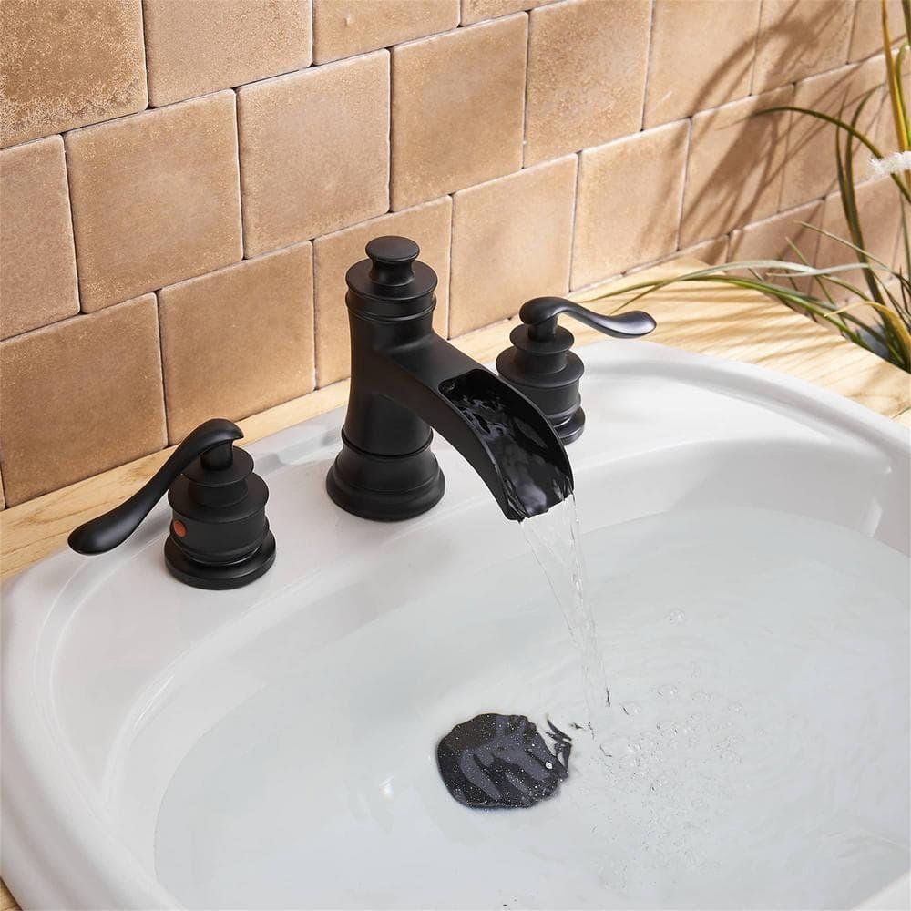 Black Bathroom Faucet Widespread Bathroom Faucets for Sink 3 Hole Matte Black 8 Inch Two Handle Matching Pop Up Drain Stopper Waterfall Farmhouse Lavatory Water Supply Line by Bathfinesse