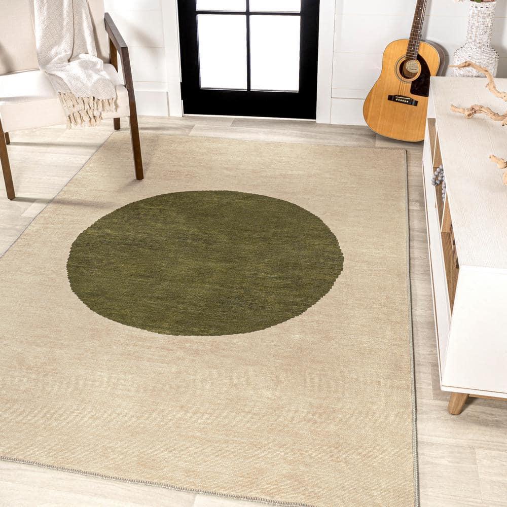 4' x 6' Cirkel Minimalist Geometric Dot Machine-Washable Area Rug, Cream/Olive - JONATHAN Y