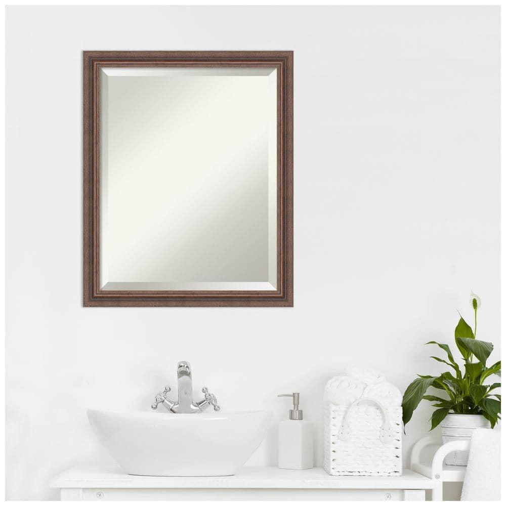 Amanti Art Distressed Rustic Brown Beveled Wood Bathroom Wall Mirror 22.5 x 18.5 in.