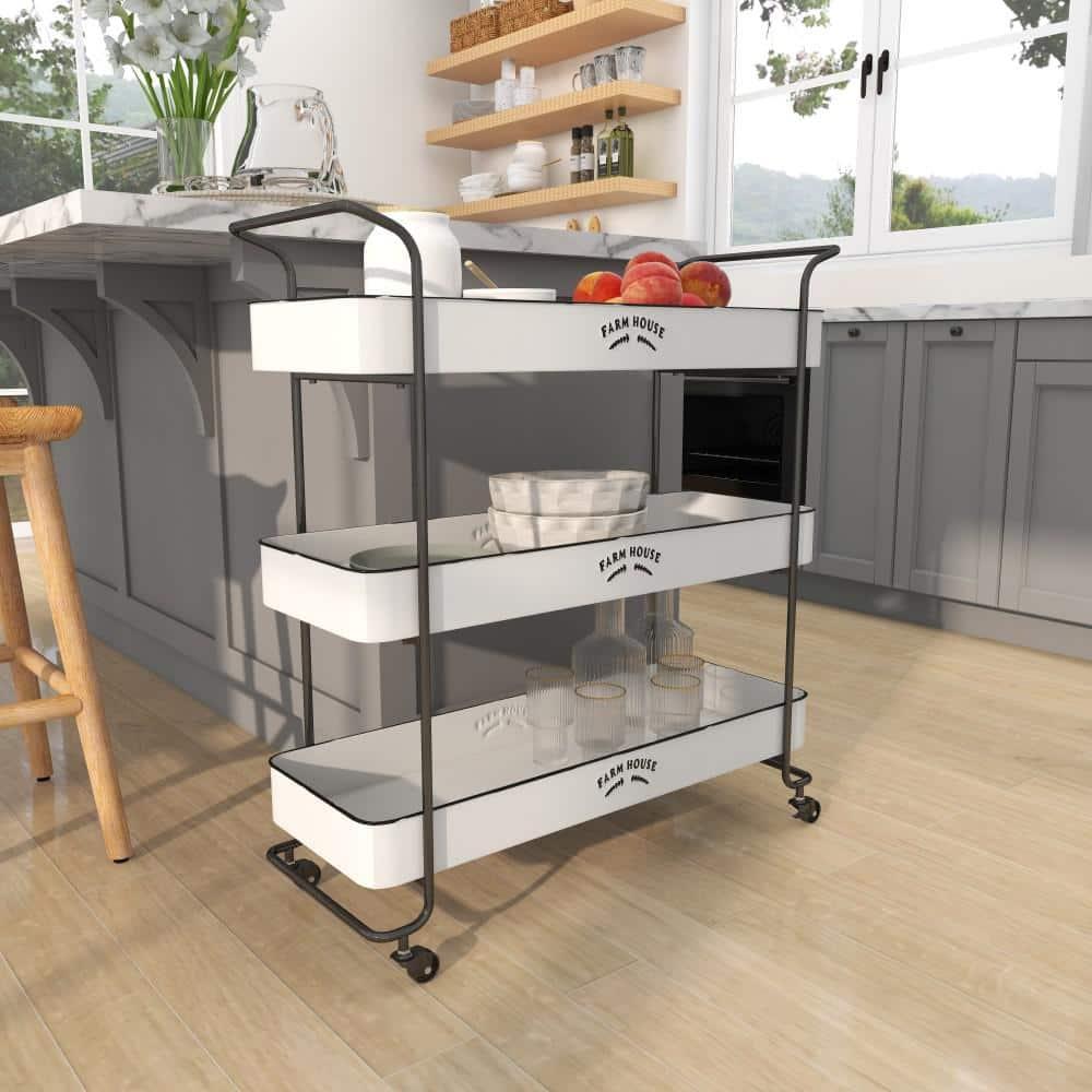 DecMode 32" x 35" White Metal Kitchen Rolling 3 Shelves Bar Cart with Black Accents and Farm House Design, 1-Piece