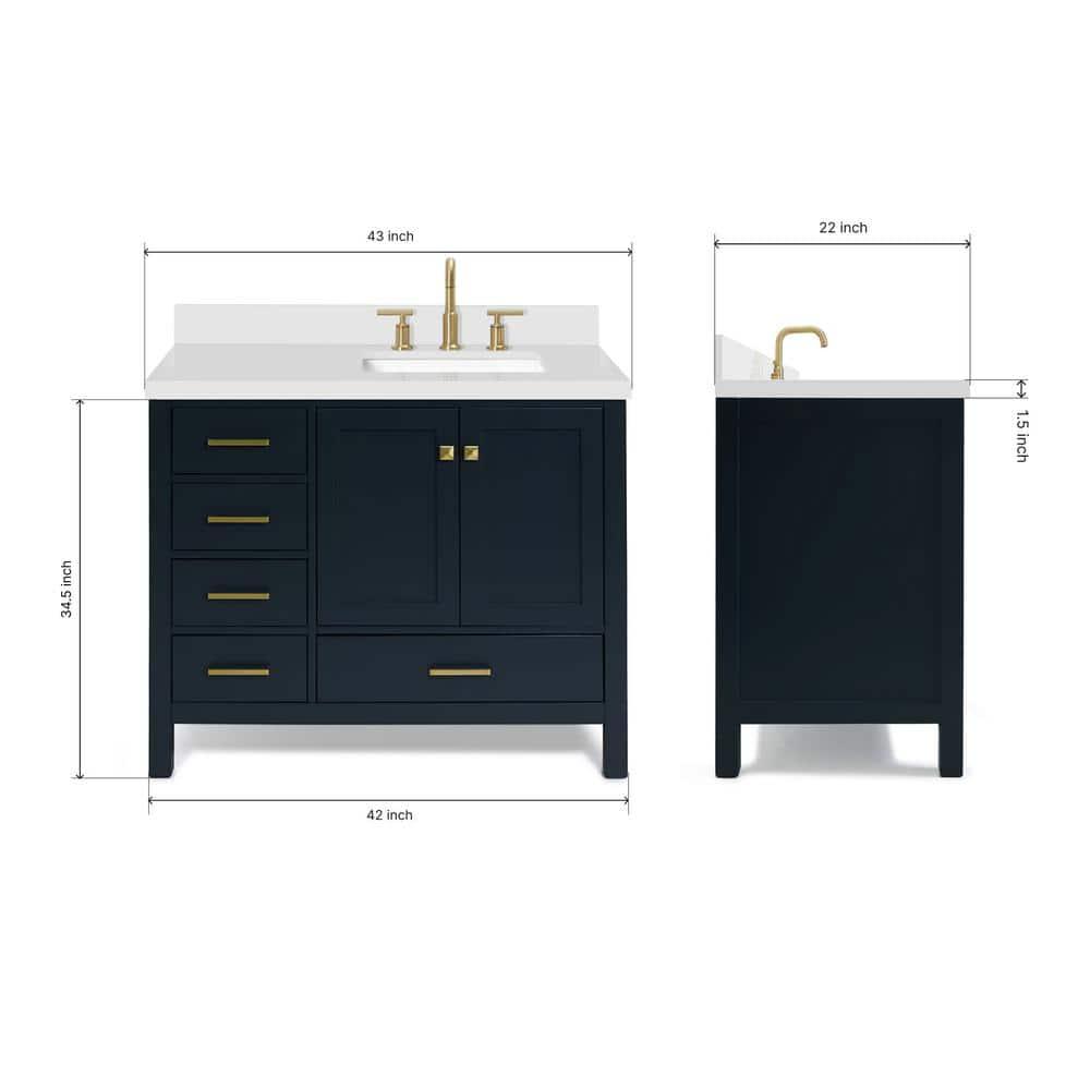 ARIEL Cambridge 43 Inch Midnight Blue Bathroom Vanity with Single Sink, Solid Wood, White Quartz Countertop, 1.5-Inch Edge, Right Rectangular Undermount Sink, 2 Soft Closing Doors, 5 Drawers