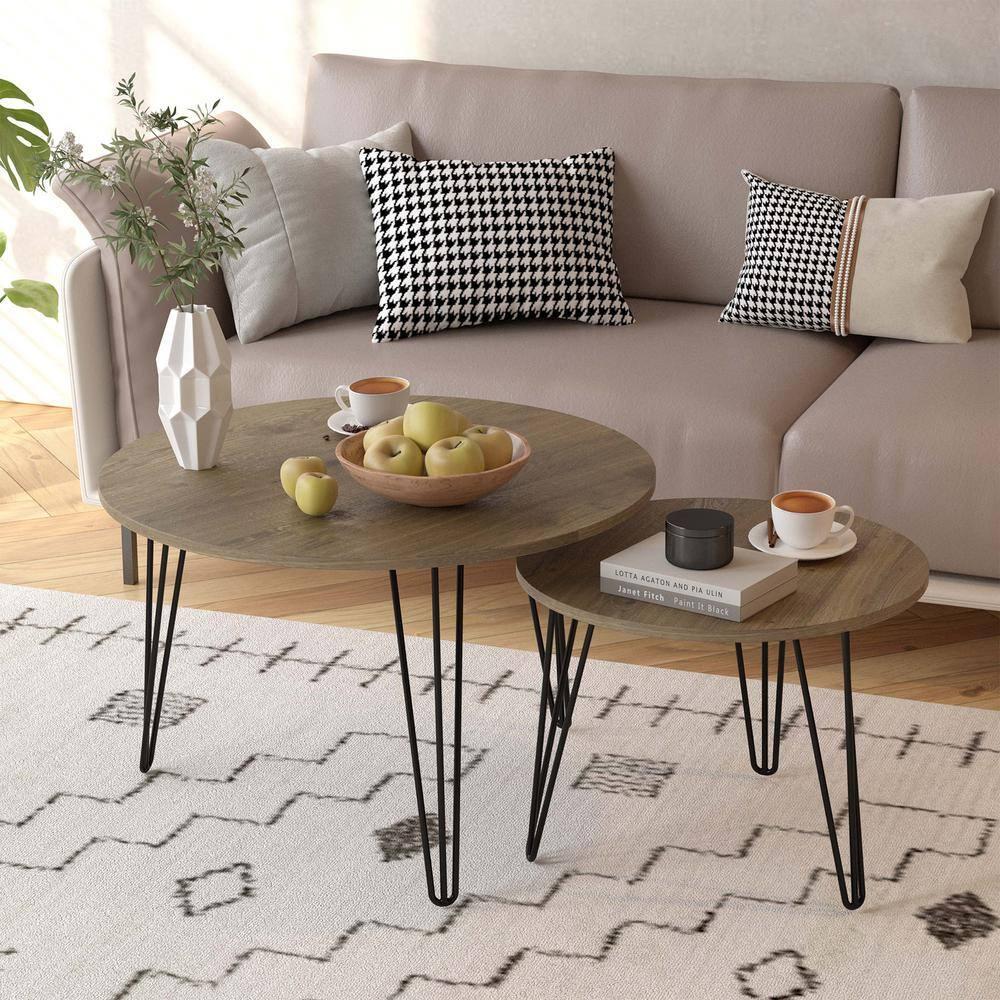 Yesfashion 27.56" Nesting Coffee Table Set Of 2, Modern Round Marble Pattern Wooden Side Tables With Metal Frame, Circular Nesting End Table Set For Living Room