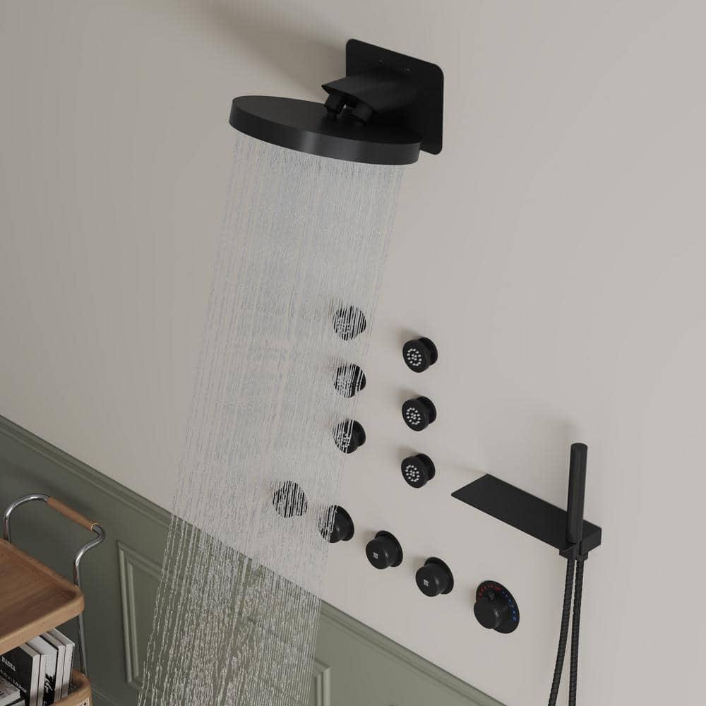 Wall Mounted Dual Thermostatic Shower Shower Faucet Set ,Waterfall & Rainfall Shower Head with Rough-In Valve