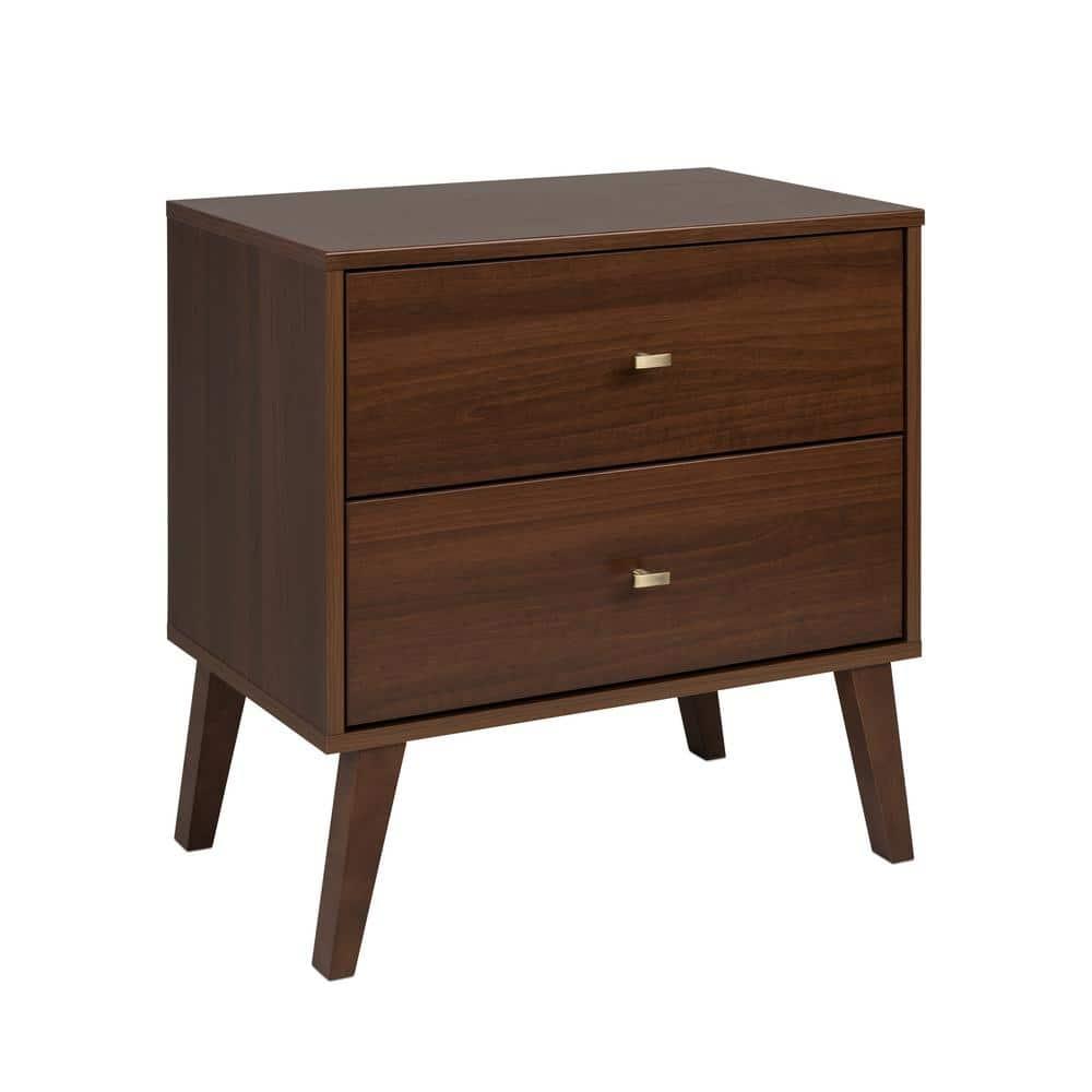 Milo Mid Century Modern 2 Drawer Nightstand Cherry - Prepac: Brushed Brass Knobs, Tapered Legs