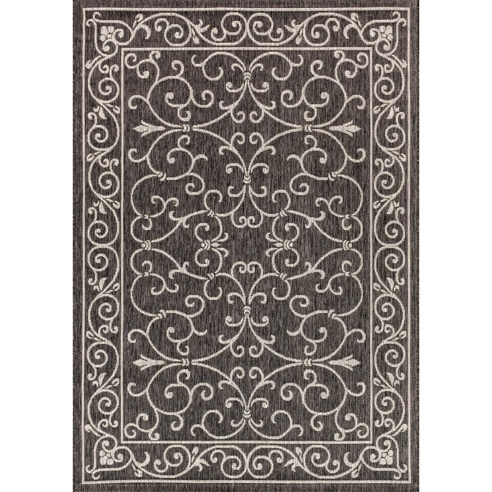 4'x6' Charleston Vintage Filigree Textured Weave Indoor/Outdoor Area Rug, Black/Gray - JONATHAN Y