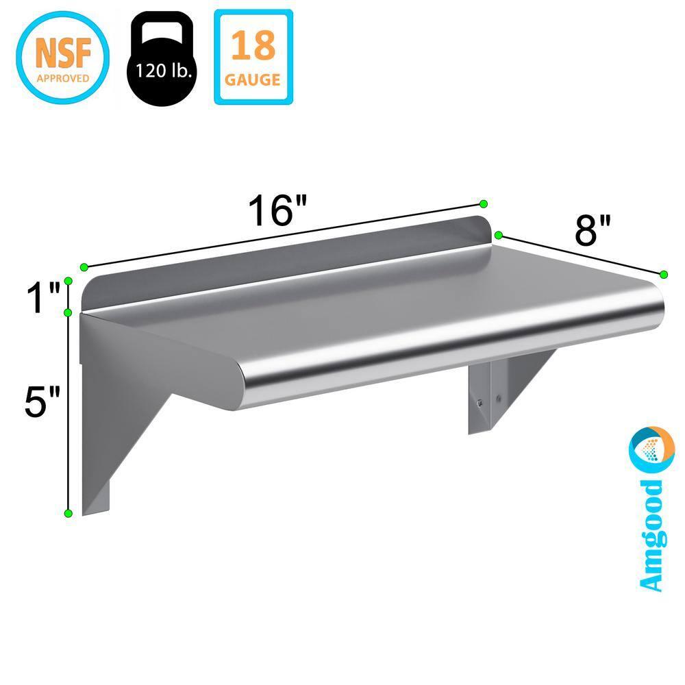 AmGood 8 in. x 16 in. Stainless Steel Wall Shelf | NSF Certified | Appliance & Equipment Metal Shelving | Kitchen, Restaurant, Garage, Laundry, Utility Room