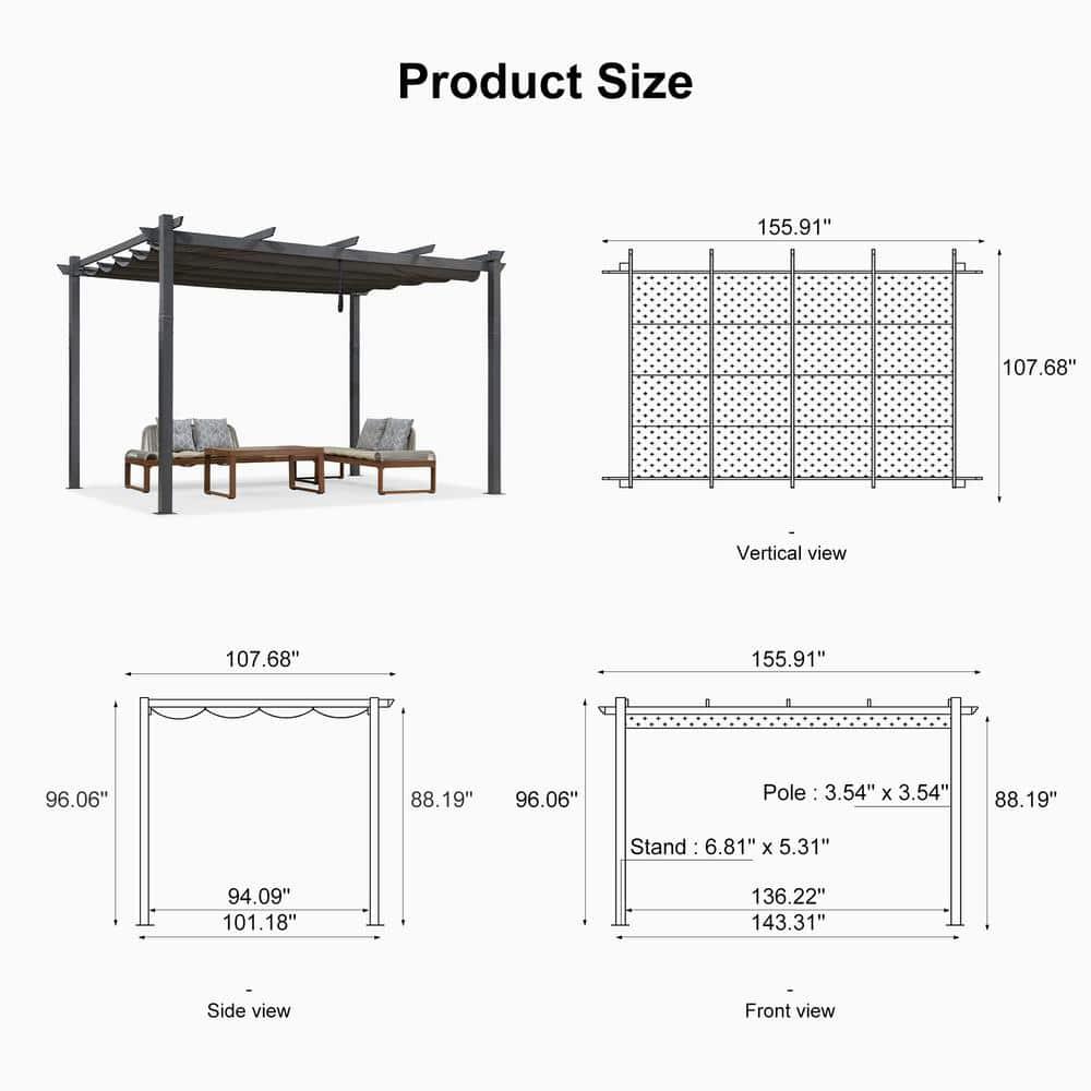PURPLE LEAF Pergola 9.5' X 13' Outdoor Retractable Pergola Against The Wall with Sun Shade Canopy Aluminum Patio Pergola for Porch Garden Yard, Gray