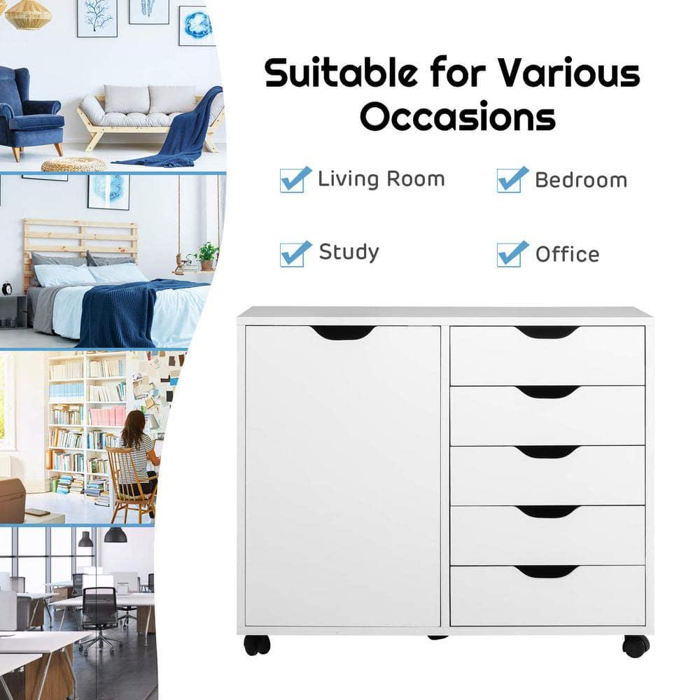 5-Drawer Chest with 1 Door, Wooden Chest of Drawers Storage Dresser Cabinet with Wheels, Office Organization and Storage, Bedroom Furniture (White-S)