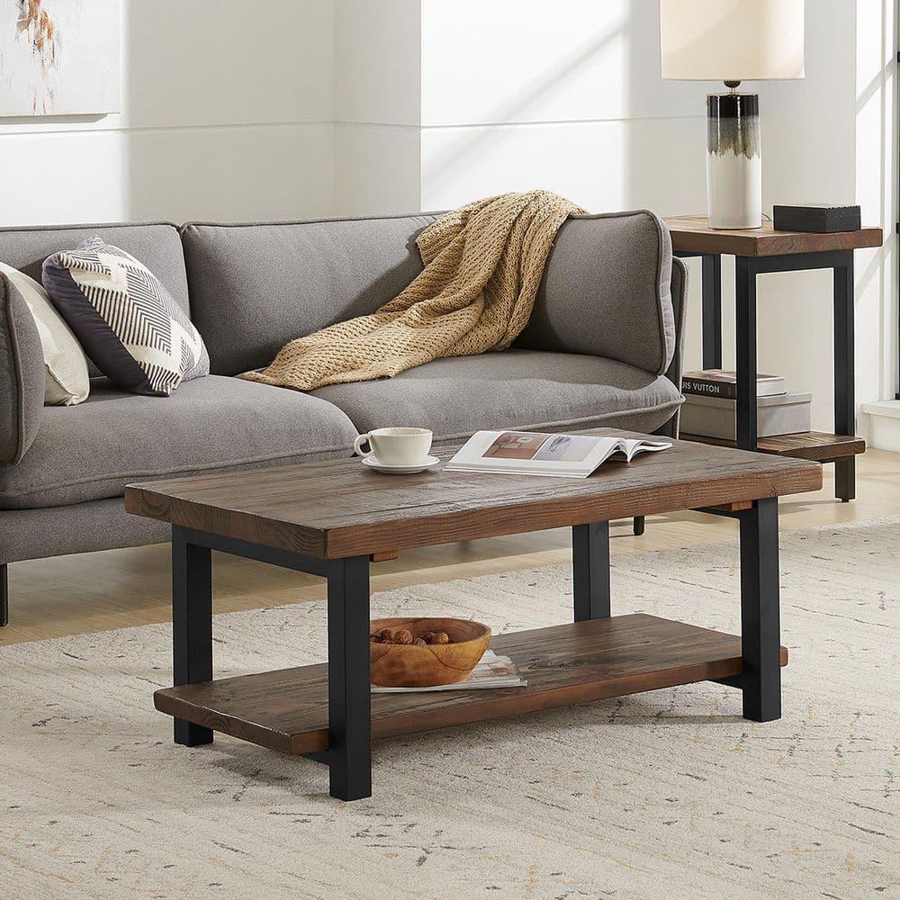 Alaterre Furniture 42" Pomona Wide Coffee Table Wood Rustic Natural: Fixed Shelf, Metal Frame, Living Room Furniture