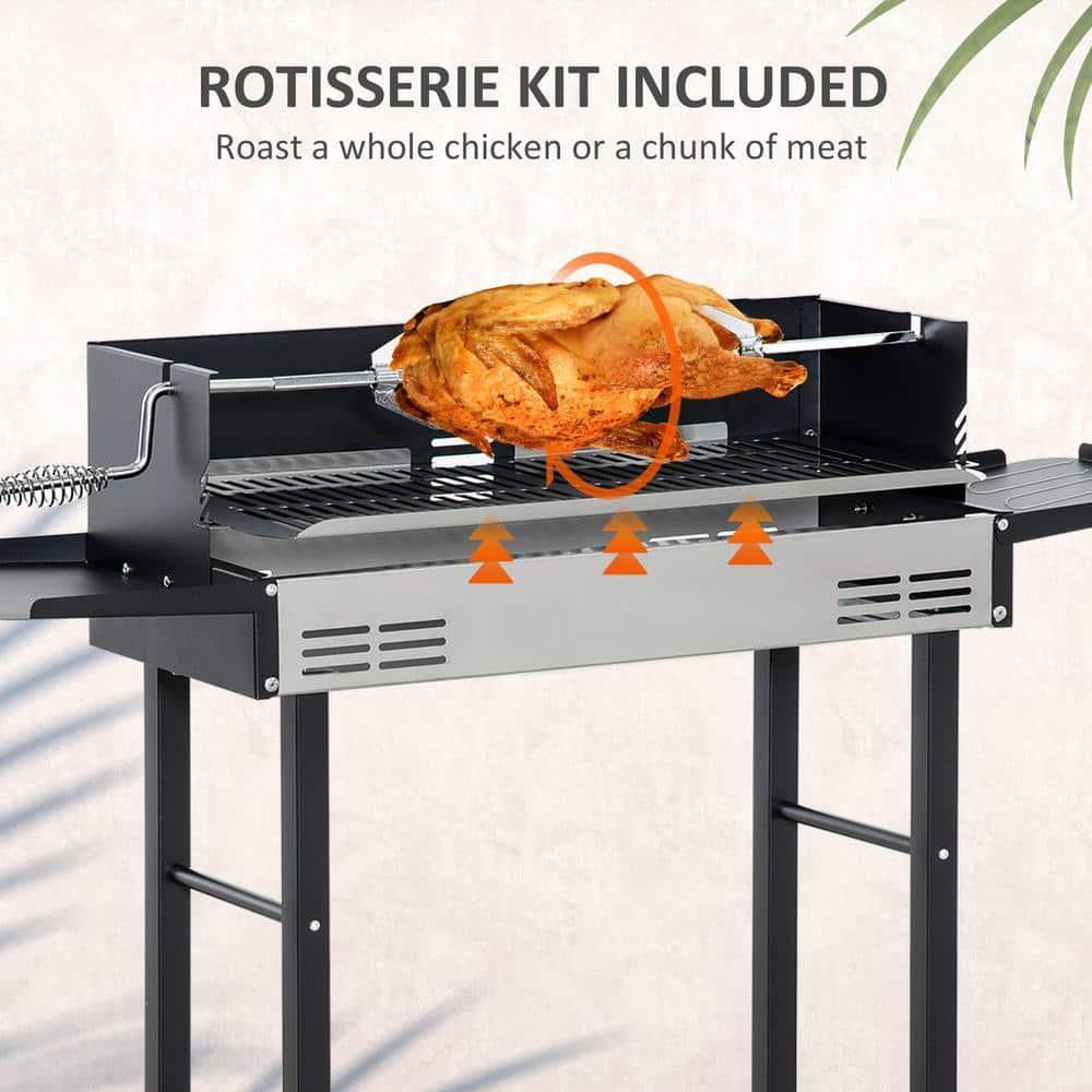 Outsunny BBQ Rotisserie Grill Roaster for Chicken or Turkey with 3-Level Grill Grate, Foldable Storage Shelves, and Wind Deflector, Stainless Steel