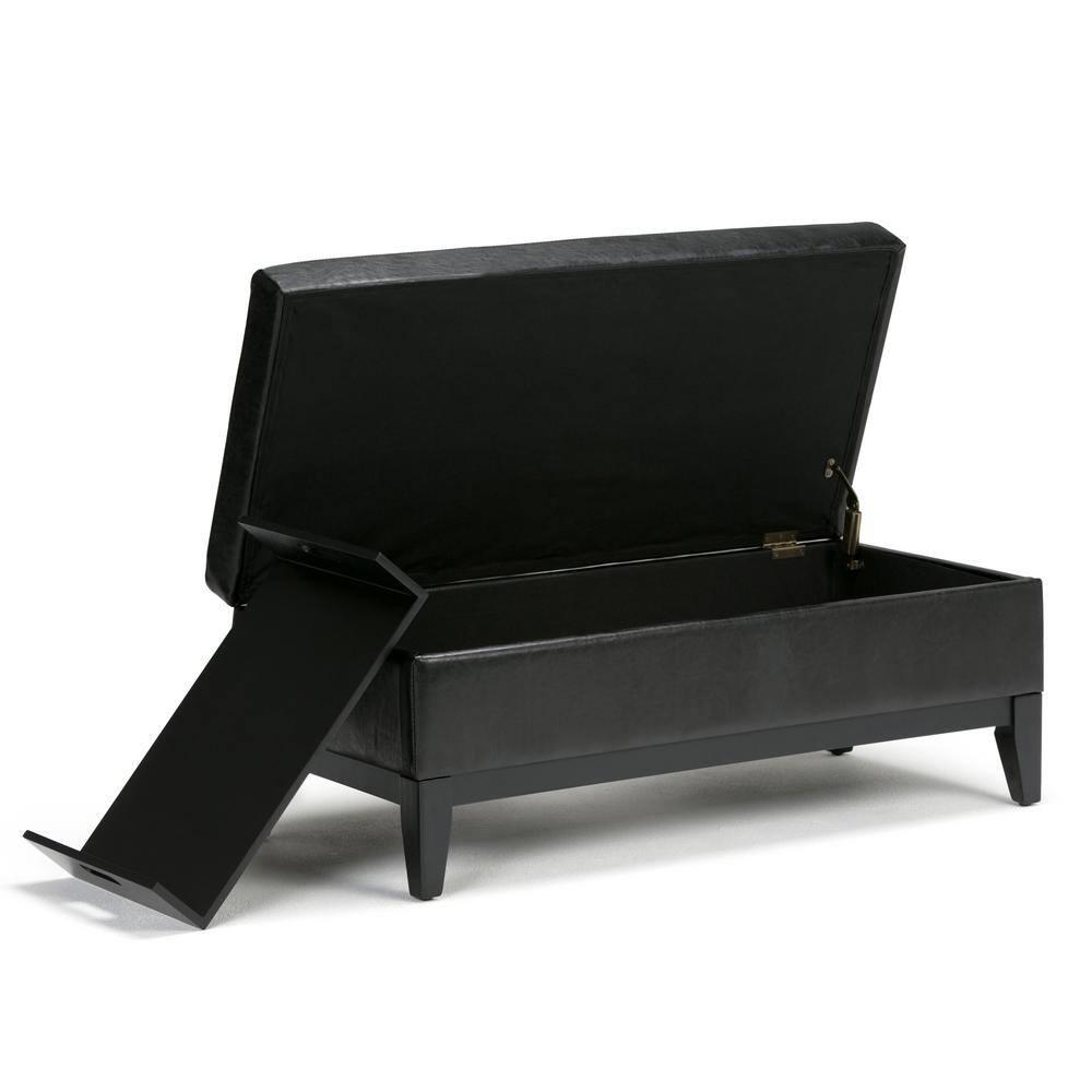 Simpli Home Oregon 42 inch Wide Contemporary Rectangle Storage Ottoman Bench with Tray in Tanners Brown Faux Leather-Finish:Midnight Black