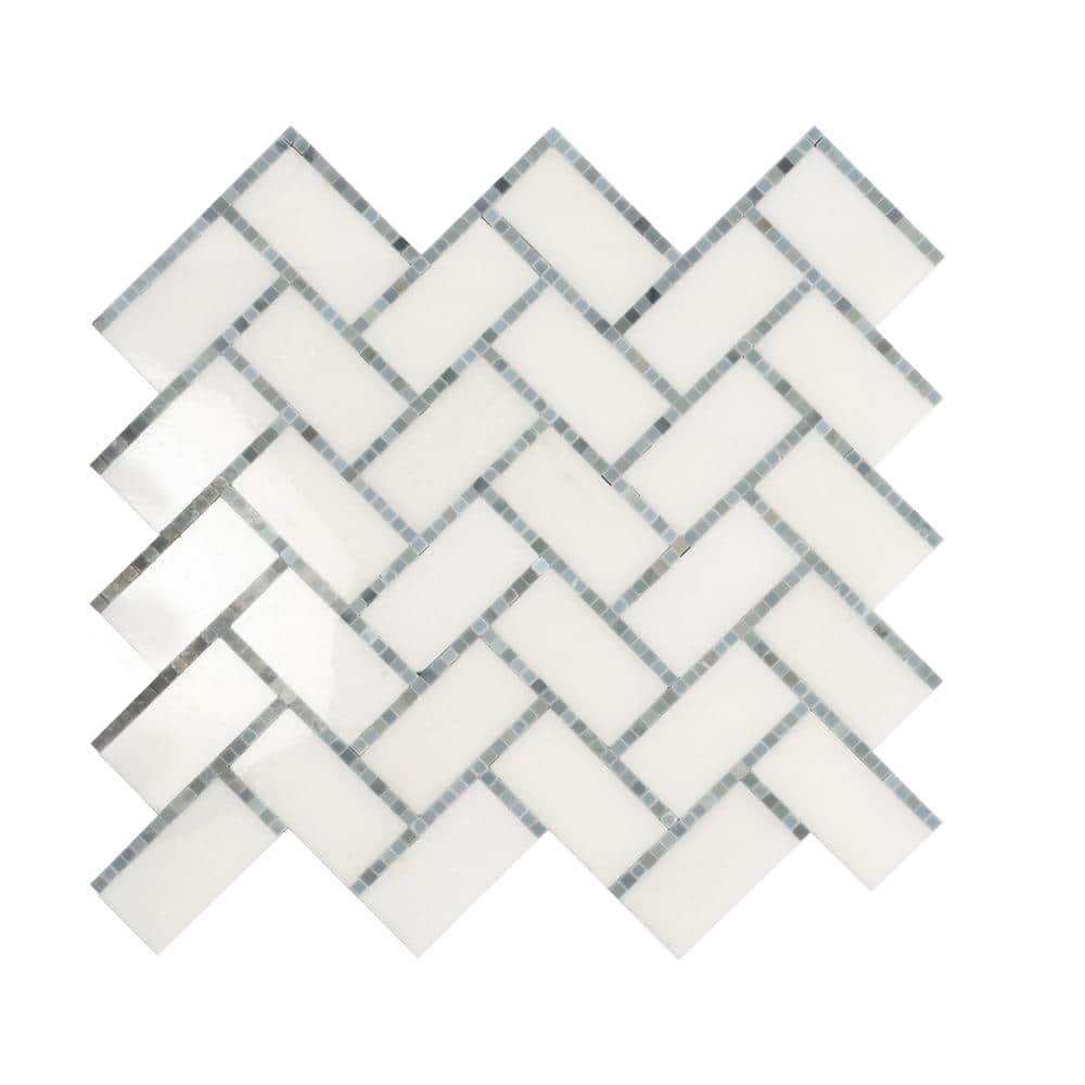 5 pack White and Gray 9.8 in. x 10.8 in. Polished Herringbone Marble Mosaic Floor and Wall Tile (3.68 sq. ft./Case)