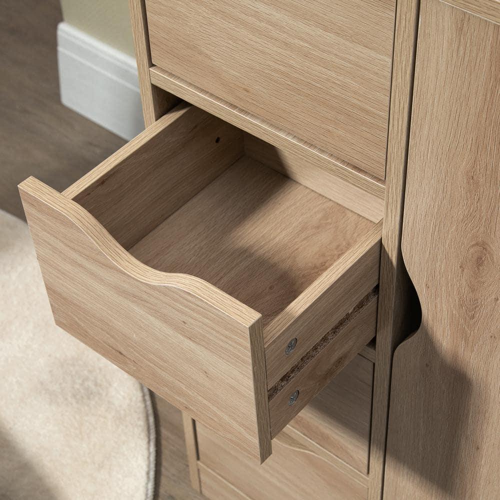 HOMCOM Freestanding Storage Cabinet, Bathroom Floor Cabinet with 4 Drawers and Door, Oak