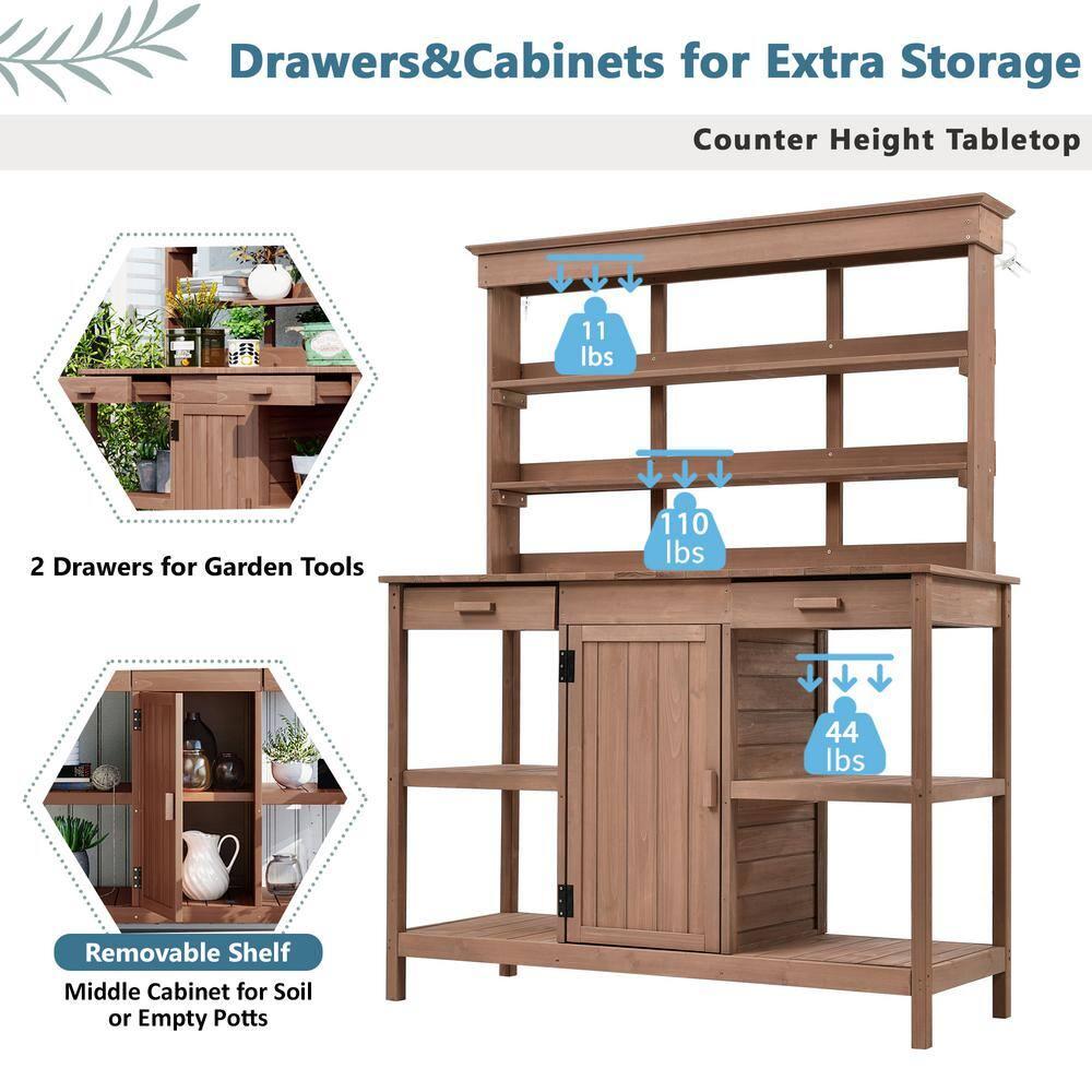 66 in. Brown Fir Wood Outdoor Potting Bench with Drawers