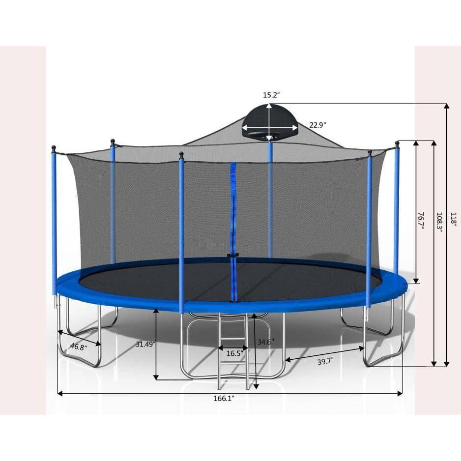 14 ft Round Blue Trampoline with Safety Enclosure and Basketball Hoop