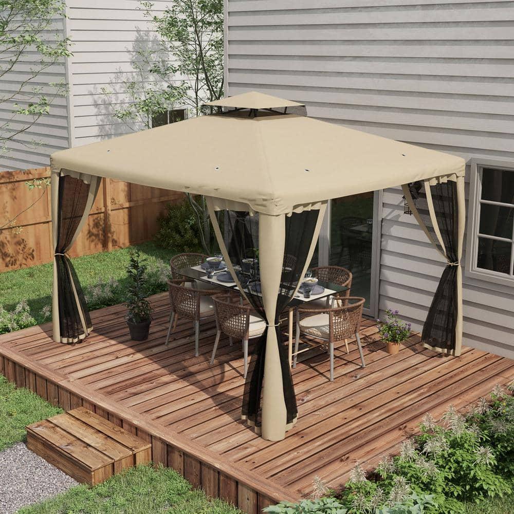 DEBLIT 9.6' x 11.6' Patio Gazebo with 2-Tier Roof and Netting, Steel Outdoor Canopy Gazebo for Garden, Lawn and Backyard, Taupe