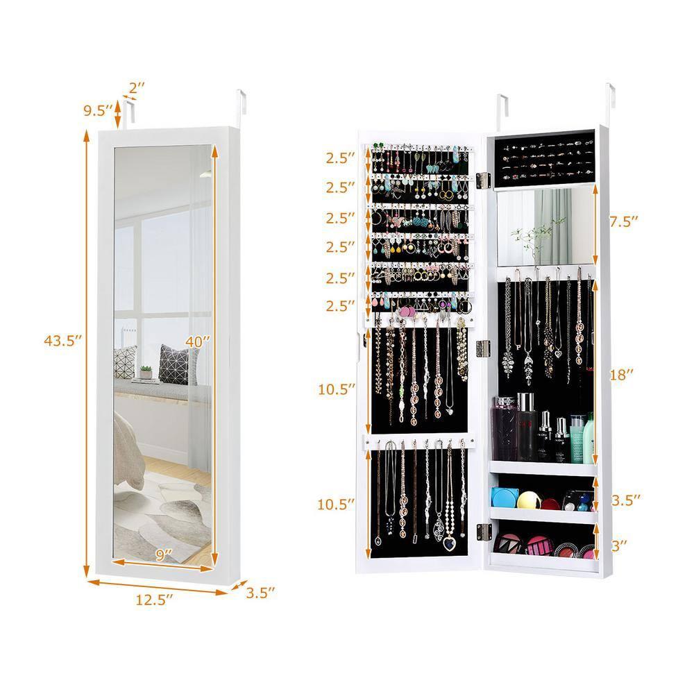 Costway Wall Door Mounted Mirrored Jewelry Cabinet Storage Organizer White