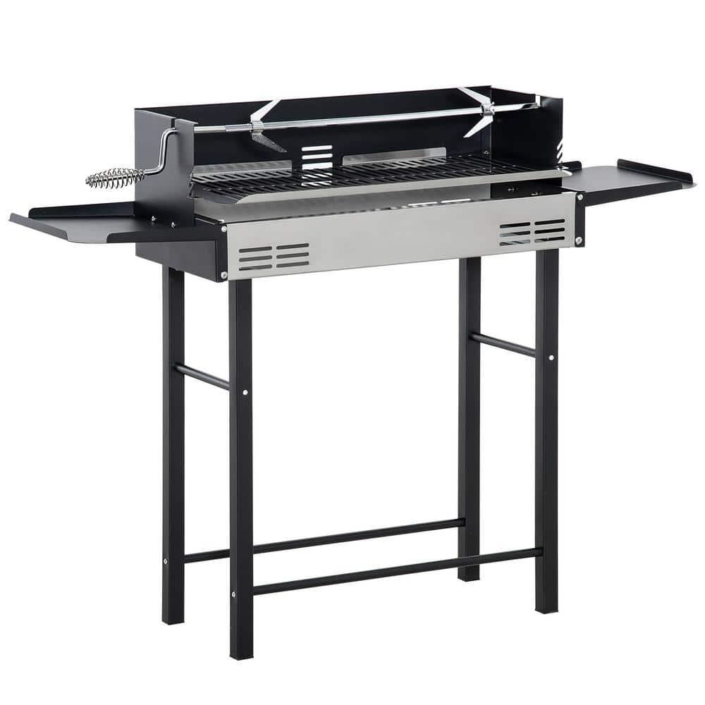 Outsunny BBQ Rotisserie Grill Roaster for Chicken or Turkey with 3-Level Grill Grate, Foldable Storage Shelves, and Wind Deflector, Stainless Steel