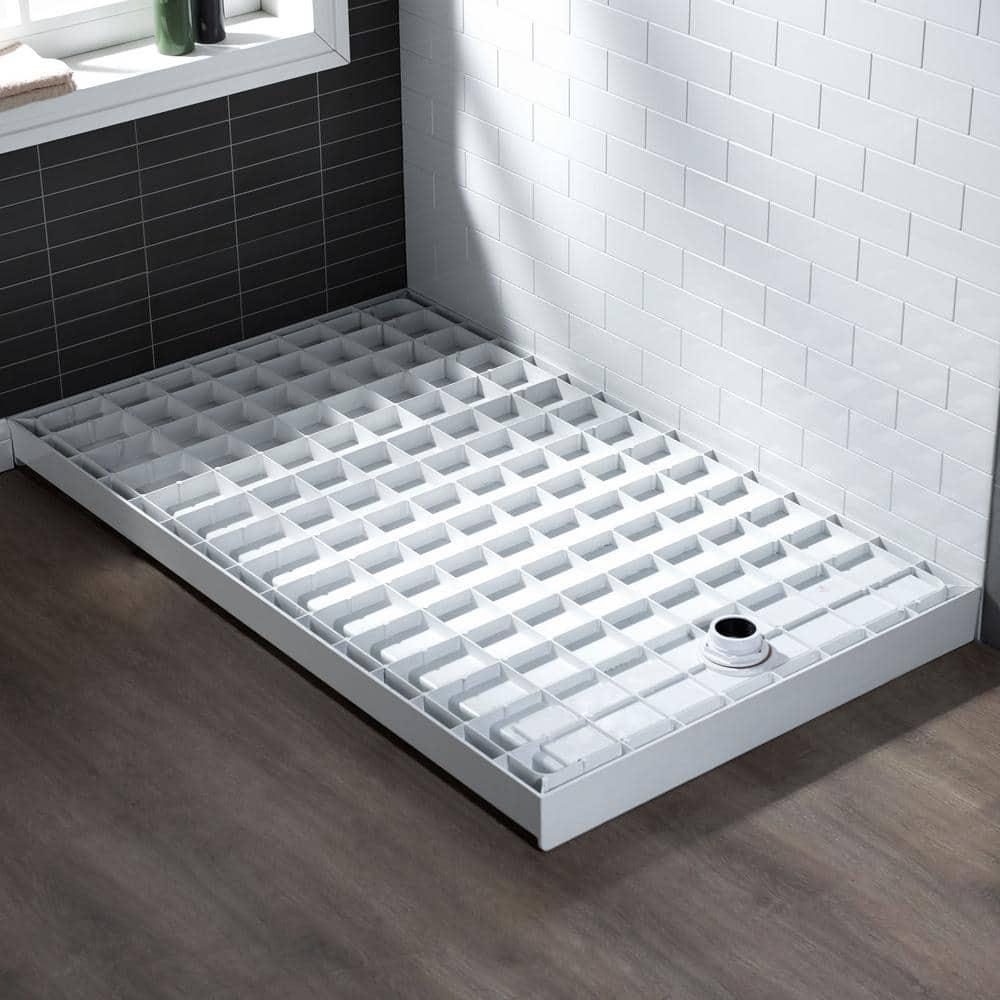 60" x 36" Solid Surface Single Threshold Shower Pan Base with Drain Assembly & Drain Cover Included, Non-Slip
