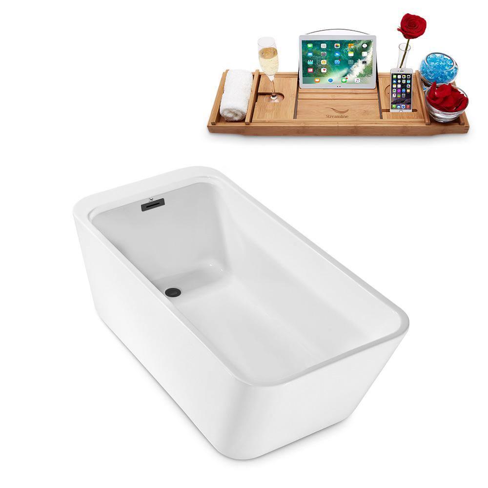 63" Streamline Freestanding Soaking Acrylic Bathtub With Drain and Bamboo Tray