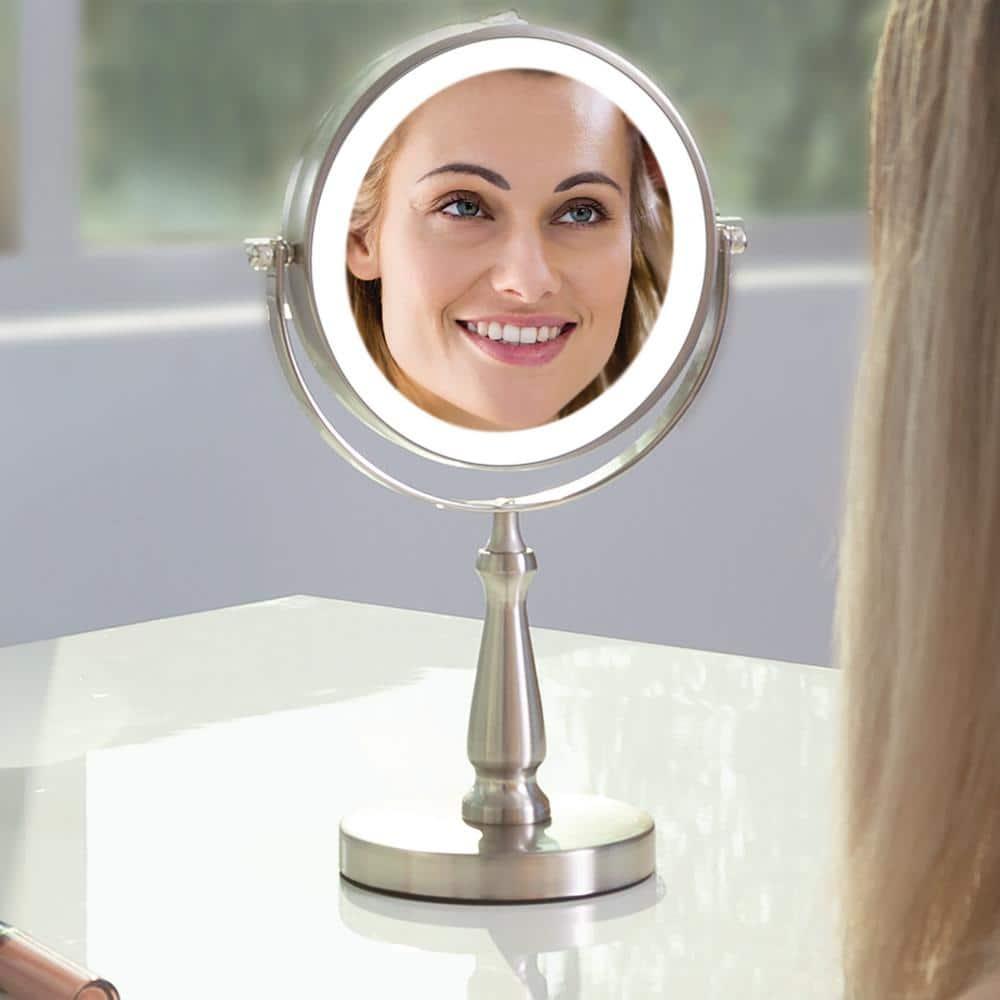 Satin Nickel LED Lighted Dual-Sided Magnifying Makeup Mirror