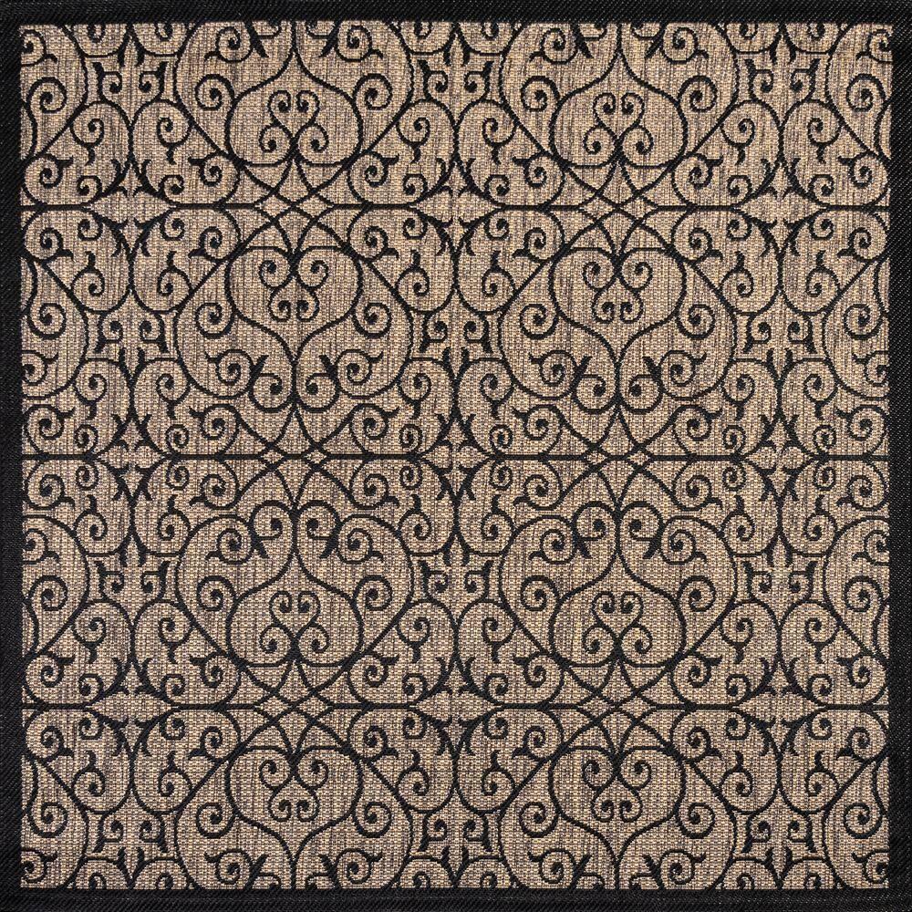 6' Square Madrid Vintage Filigree Textured Weave Indoor/Outdoor Area Rug, Black/Khaki - JONATHAN Y
