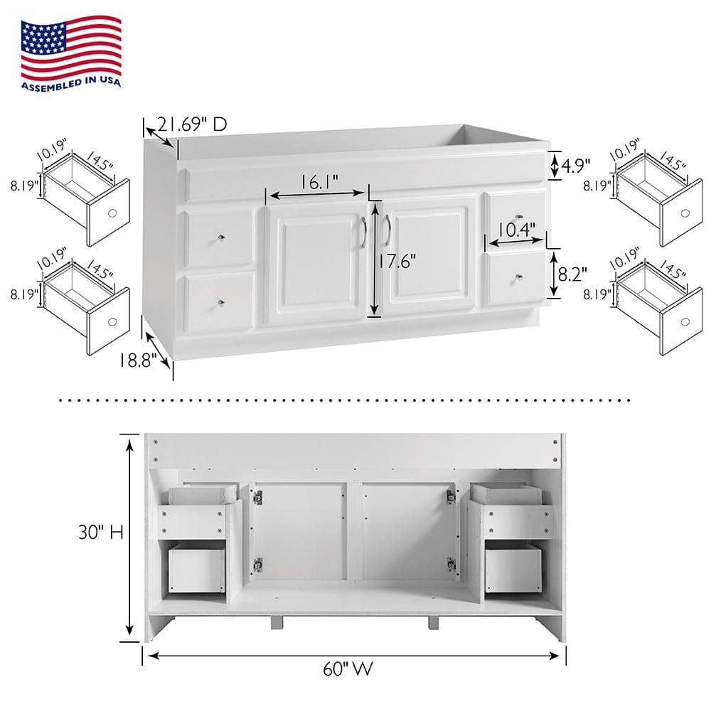 Concord 60 Inch Bathroom Vanity Cabinet, Solid Wood, Fully Assembled, White
