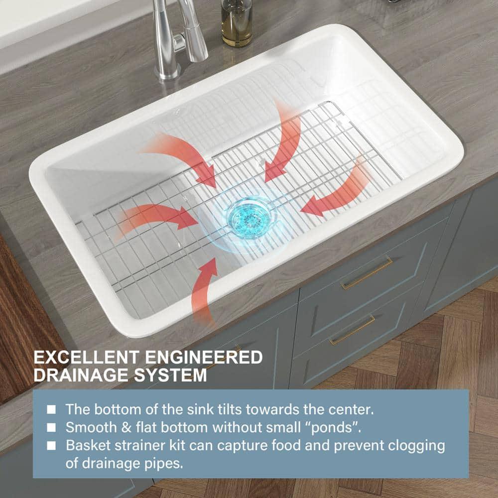 32" L x 19" W Single Bowl Fireclay Kitchen Sinks White with Bottom Grids and Basket Strainer