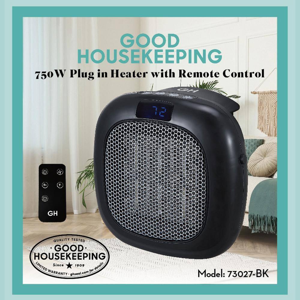 Good Housekeeping Wall-Mount Indoor Space Heater, Portable Electric Mini Heater w/ Adjustable Thermostat & Remote Control, 750W, Black