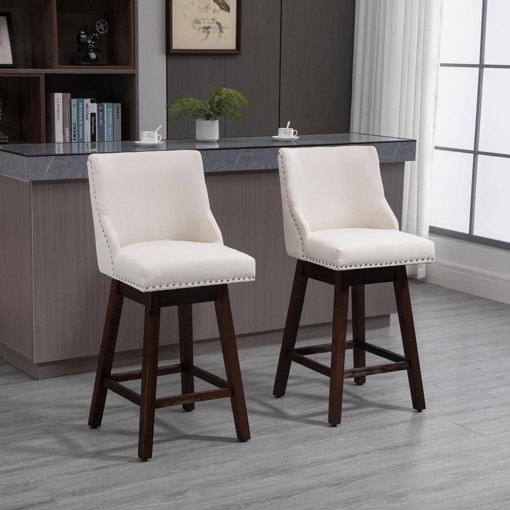 HOMCOM 28" Swivel Bar Height Bar Stools Set of 2, Armless Upholstered Barstools Chairs with Nailhead Trim and Wood Legs, Cream White