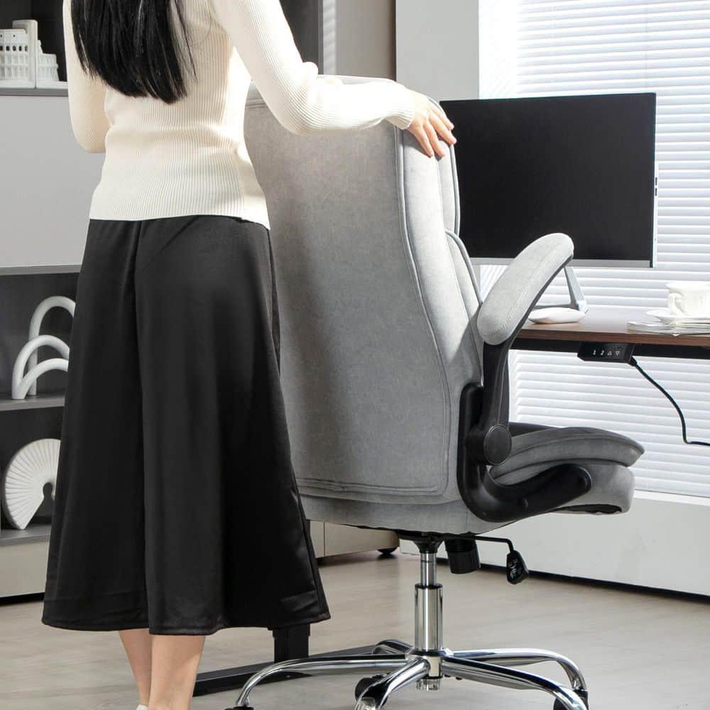 HOMCOM Executive Office Chair, Fabric Comfy Computer Desk Chair with Swivel Wheels, Flip-up Armrest, Adjustable Height, Gray