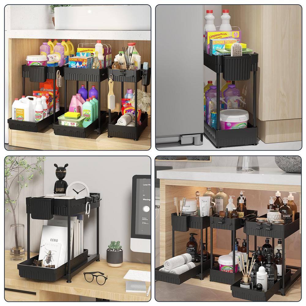 Adeco Trading Under Sink Organizer, 2-Tier Multi-Use Kitchen Bathroom Organizers And Storage With Sliding Drawer，Bathroom Cabinet Organizer (Black, 3 Pack)