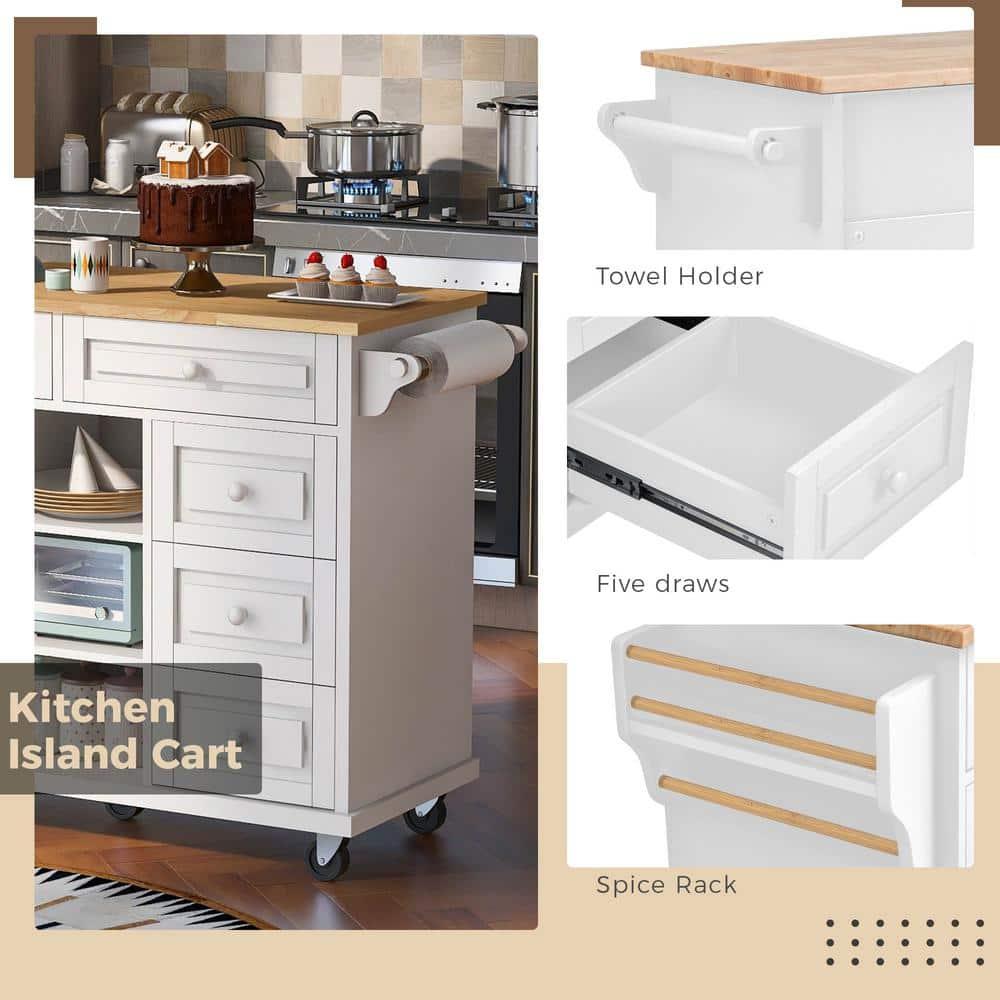 Kitchen Island Cart with 5 Drawers, 1 Cabinet and 2 Adjustable Shelves, 52.8" Kitchen Trolley Cart with Spacious Tabletop and Locking Wheels, Buffet Server Sideboard with Spice Rack & Towel Rack White