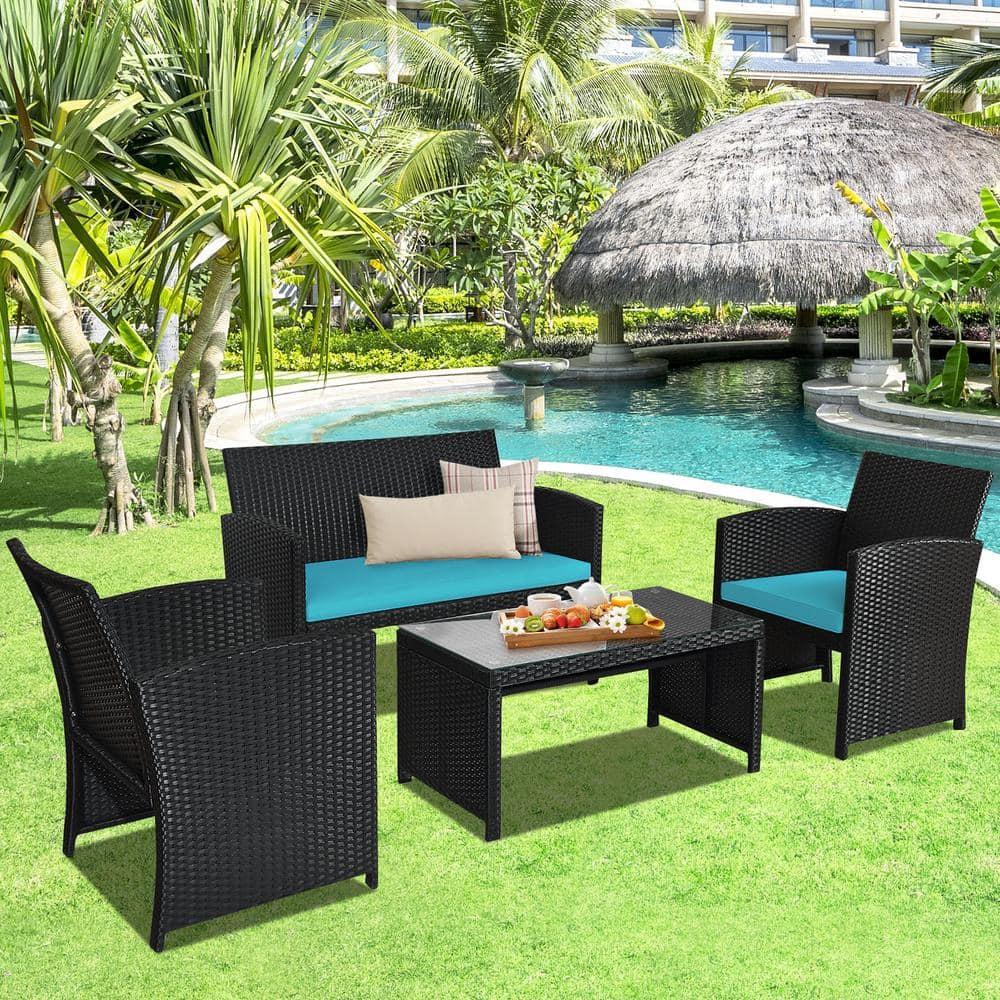 Resenkos 4 Pieces Patio Rattan Furniture Set, Outdoor Patio Furniture Set with Weather Resistant Cushions and Tempered Glass Tabletop-Turquoise