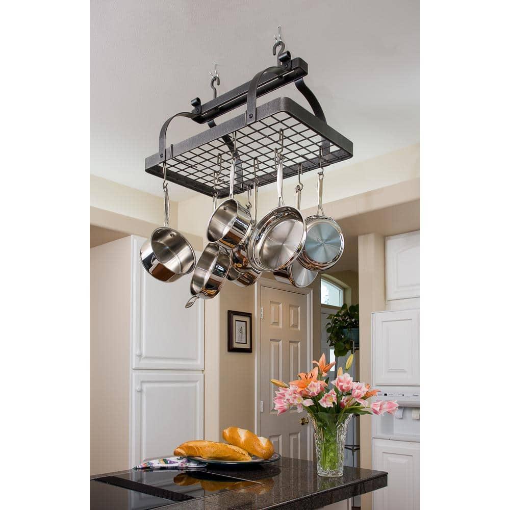 Hammered Steel Classic Rectangle Ceiling Pot Rack with Grid