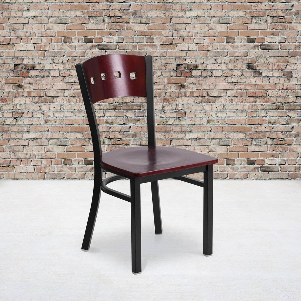 Flash Furniture HERCULES Series Black 4 Square Back Metal Restaurant Chair - Mahogany Wood Back & Seat