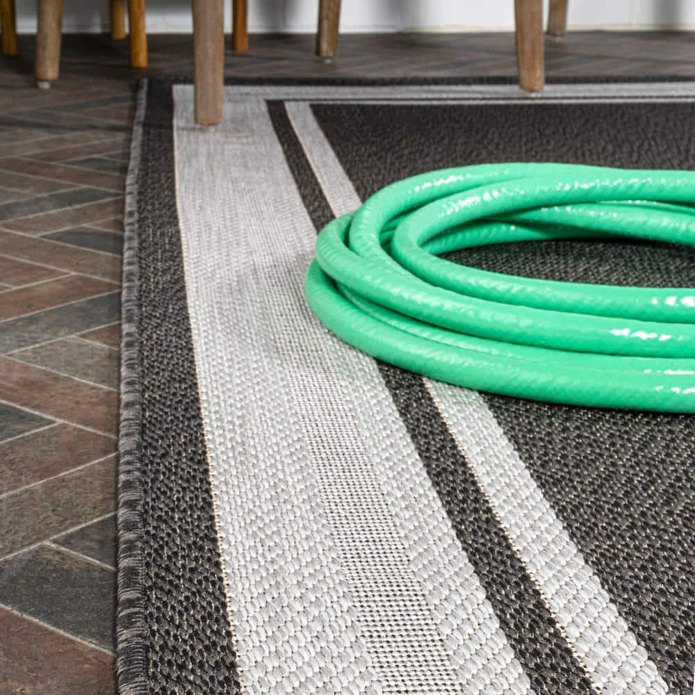 5' x 8' James Modern Border Stripe Indoor/Outdoor Area Rug, Black/Cream - JONATHAN Y