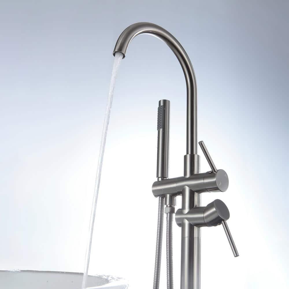 Double Handle Floor Mounted Freestanding Tub Filler With Handshower