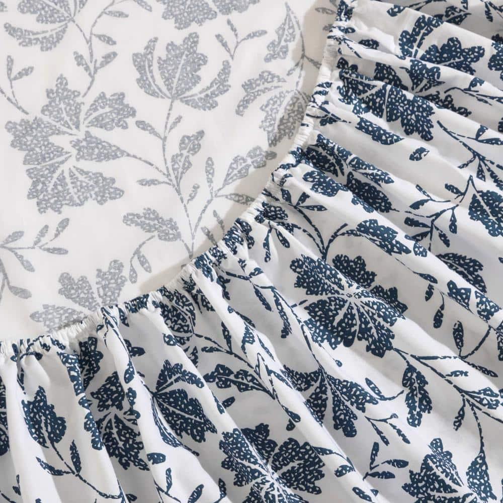 Queen Blue Floral Cotton Percale Deep Pocket Sheet Set