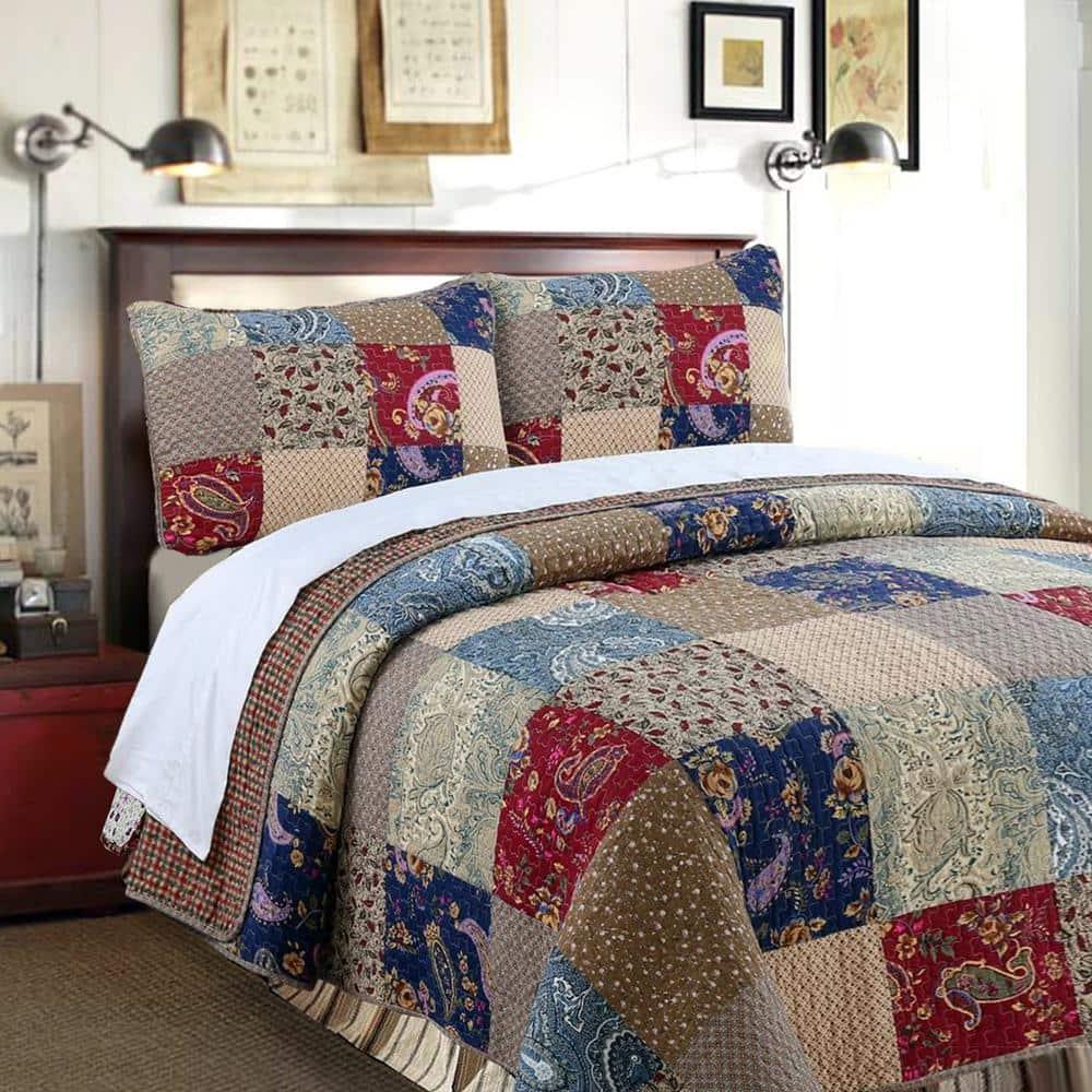 King Size Red and Navy Cotton Reversible Patchwork Quilt Set