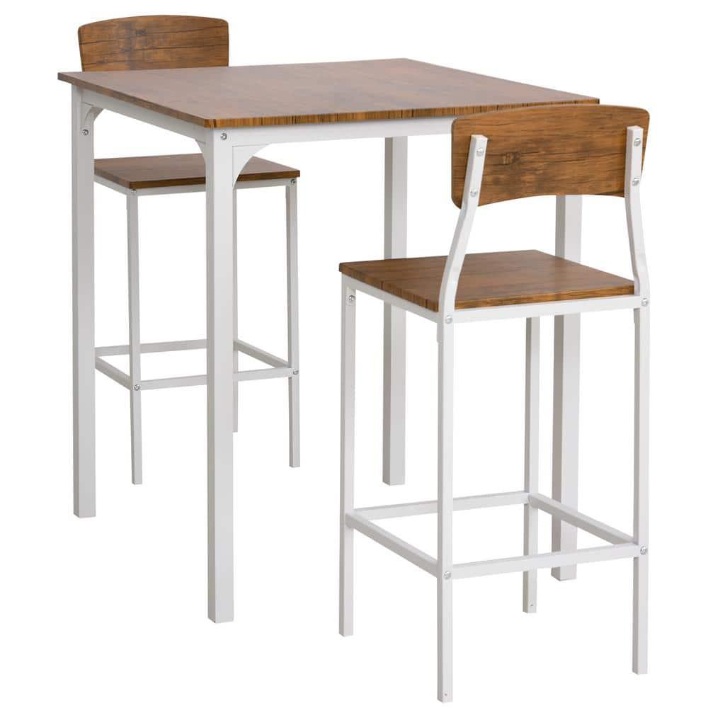 HOMCOM 3 Piece Bar Table and Chairs Set, Industrial Small Dining Table Set for 2, Square Kitchen Table and Stools, Walnut and White