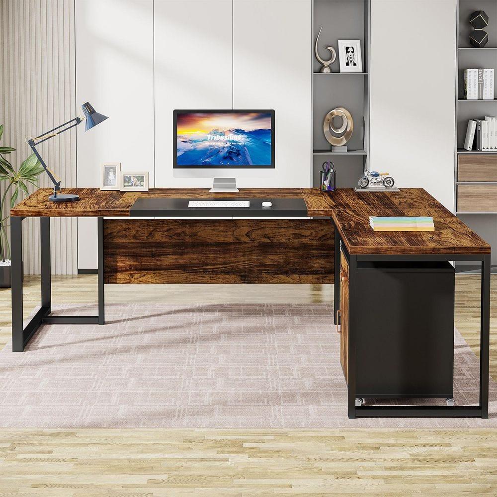 Capen 70.8 in. L Shaped Rustic Brown Wood Executive Desk with File Cabinet L Shaped Computer Desk for Home Office