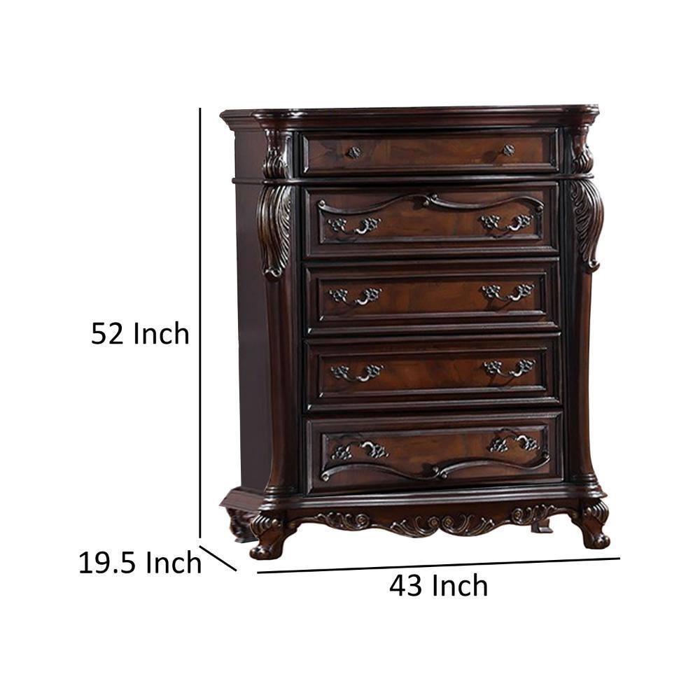 Benjara Venta Tall Dresser Chest, 5 Drawers, Carved Details Cherry Brown Solid Wood | Wayfair